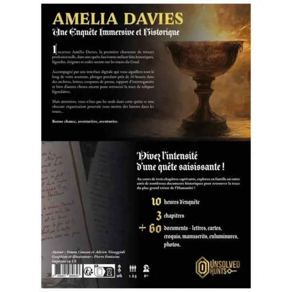 Amelia Davies - la quête du Graal - réflexion et stratégie - dos de la boite